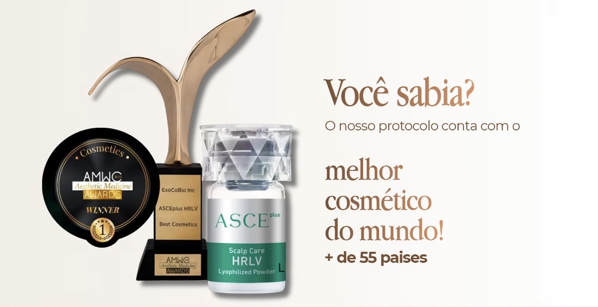 Produto ASCE plus Scalp Care HRLV e troféus da premiação de cosméticos da ExoCoBio